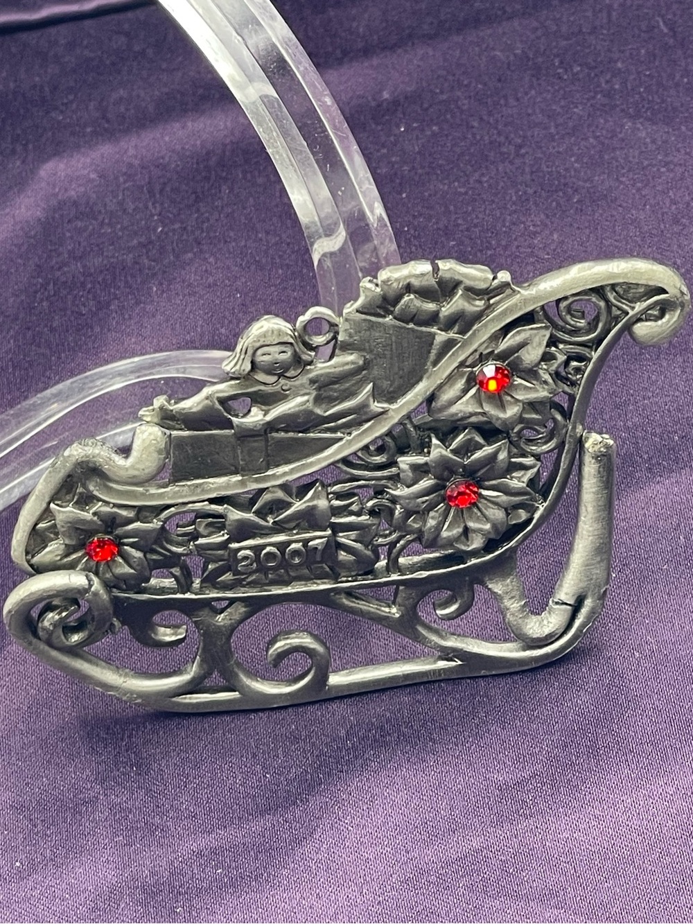 VTG Avon Annual Solid Pewter Ornament:
"Year 2007” Santa’s Sleigh w/Red Crystals
